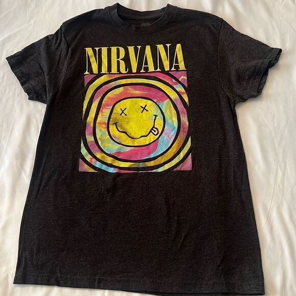 Nirvana womens szL black w/multi colored screen print short sleeve T-shirt EUC - Picture 3 of 6